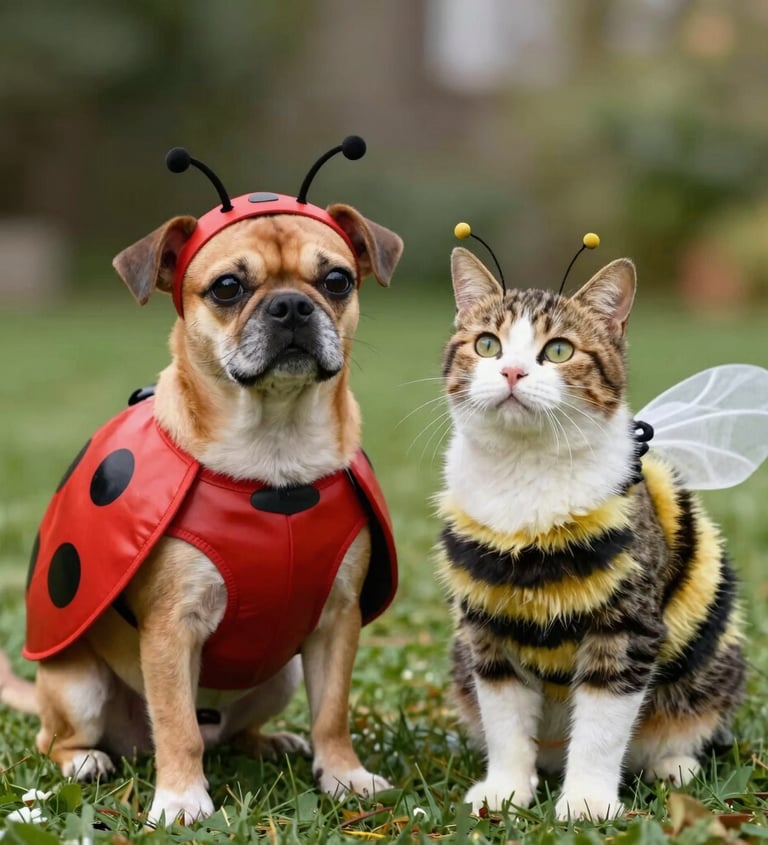 un perro disfrazado de mariquita y un gato disfrazado de abeja
