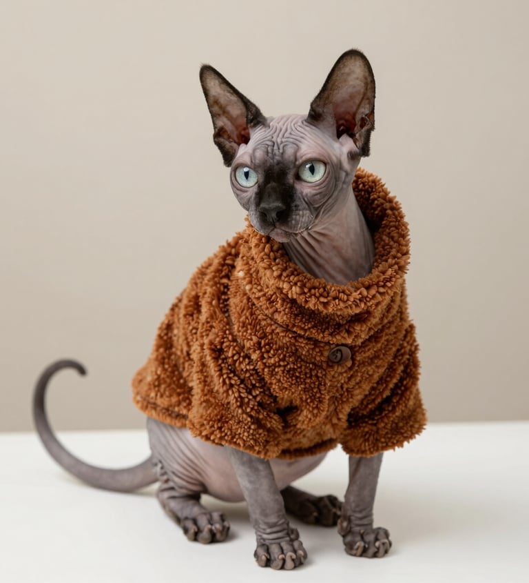 Gato sin pelaje usando una prenda abrigadora