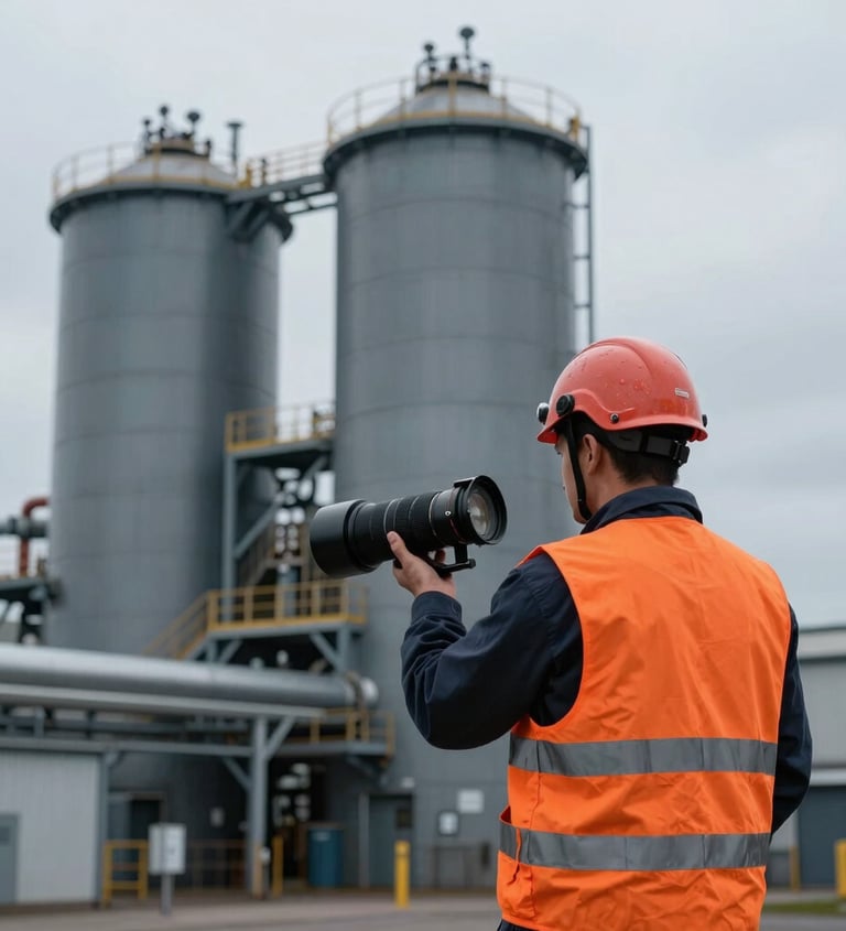 Industrial photography, cool overcast daylight, slate grey and safety orange tones, sharp focus, 35mm lens, technical cleaning technician wearing high-visibility orange vest and helmet standing in front of a heavy industrial facility in Dunkerque.