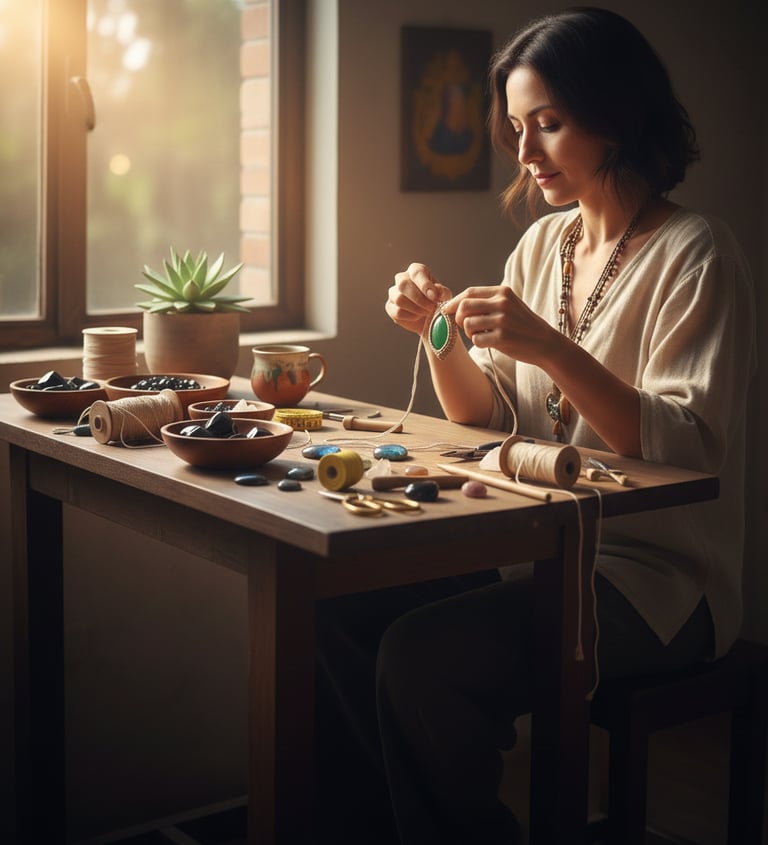 Mujer creando joyería artesanal a mano en un escritorio de madera, con cuentas, hilo y piedras.