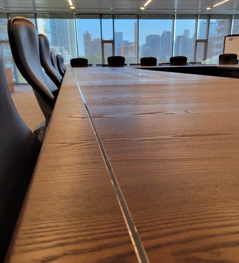 22ft x 14ft white ash boardroom table — mitered corner joinery