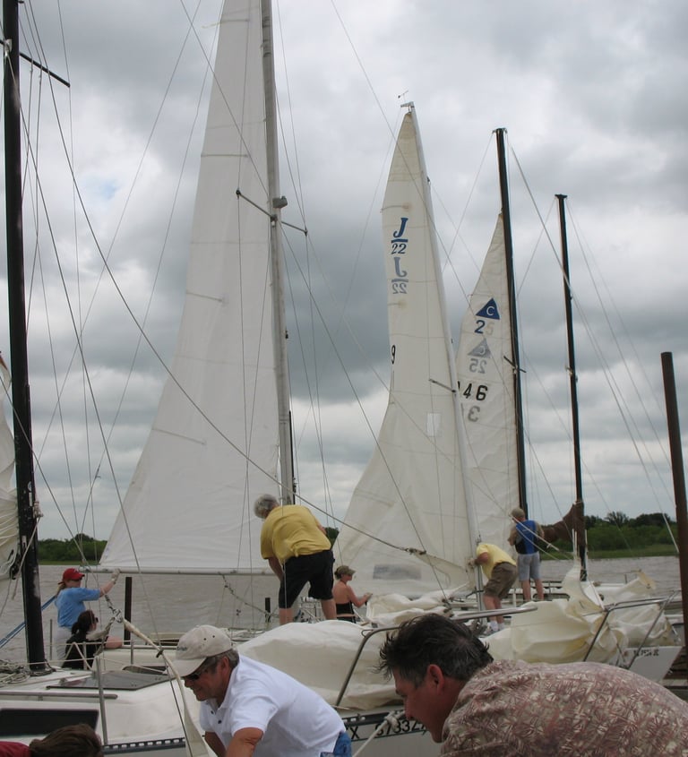 Skippers preparing for race day at the Wichita Falls Sailing Club, Lake Arrowhead, Texas