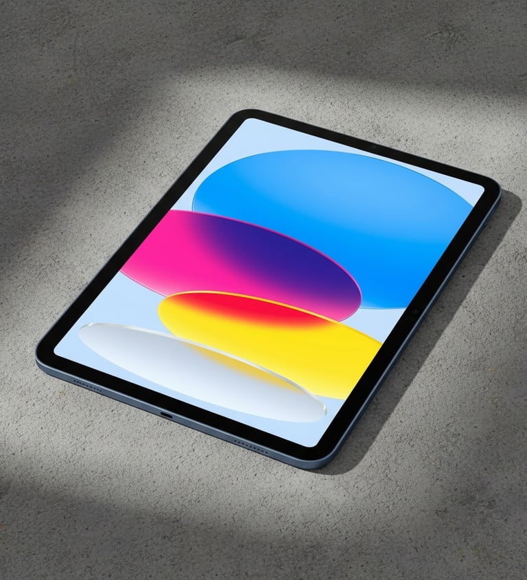 A blue Apple iPad with a colorful screen display resting on a gray concrete surface.