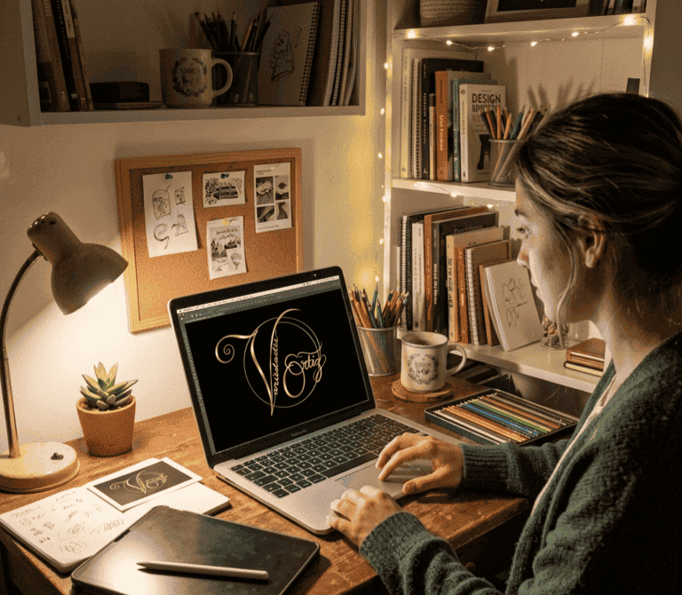 Un diseñador gráfico trabaja en una computadora portátil en un escritorio acogedor con iluminación.