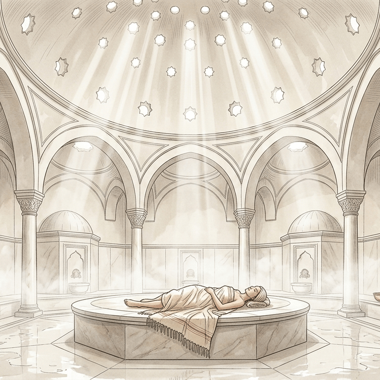 Serene woman relaxing on a gobektaşi stone under the historic dome at Hizirbey Hamami