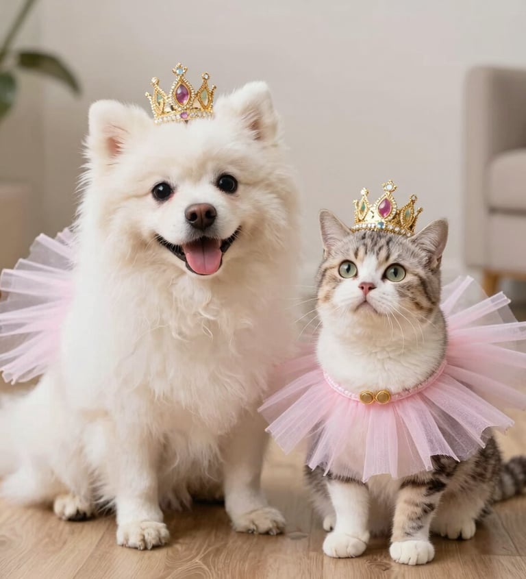 Gatito atigrado y perrito pomeranian blanco usando coronitas doradas y tutú rosa de ballet