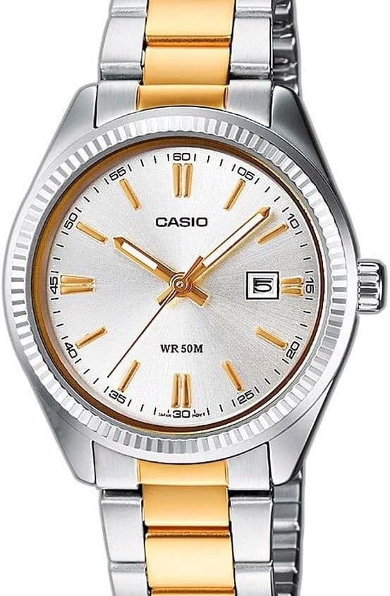 Casio men's two-tone silver and gold stainless steel dress watch with a fluted bezel and date window.