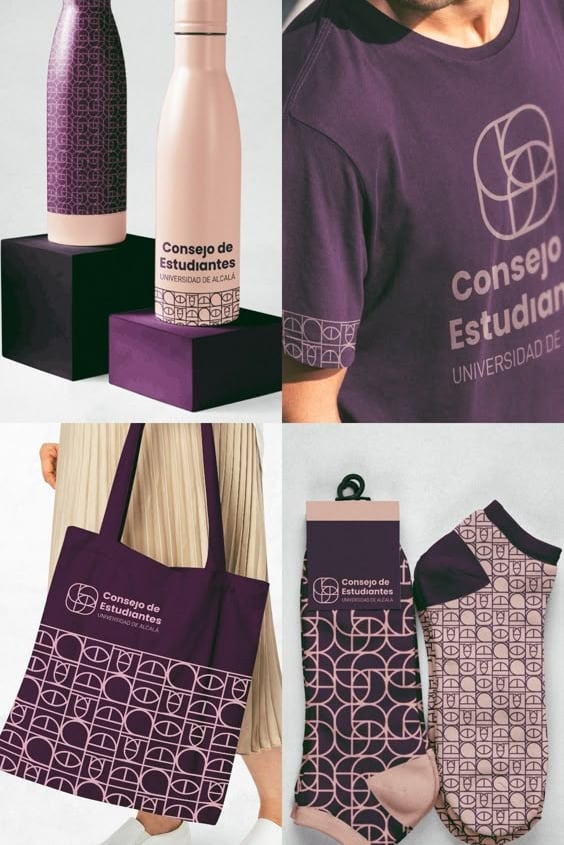 Mercancía personalizada  que incluye botellas de agua , camisetas, bolsos de mano y calcetines 