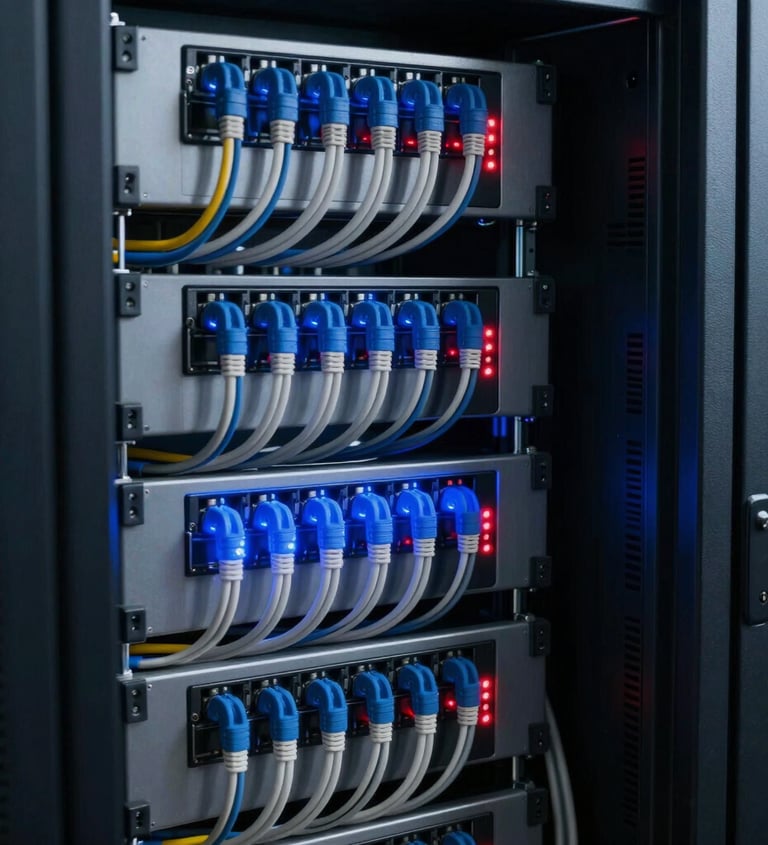 A modern network server closet with neatly organized cables glowing in blue and red LED indicator lights, symbolizing technical excellence, security, and stable IT infrastructure, photographed in Germany