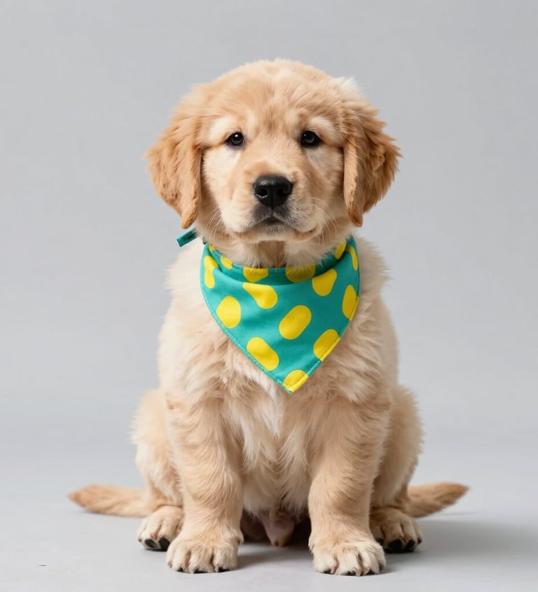 perro de color crema con bufanda de colores verde y amarillo