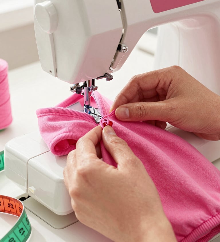 foto de las manos de una costurera con una prenda de color rosado usando maquina de coser