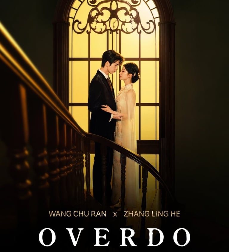 Wang Chu Ran and Zhang Ling He posing for Overdo on a vintage staircase with warm backlighting.