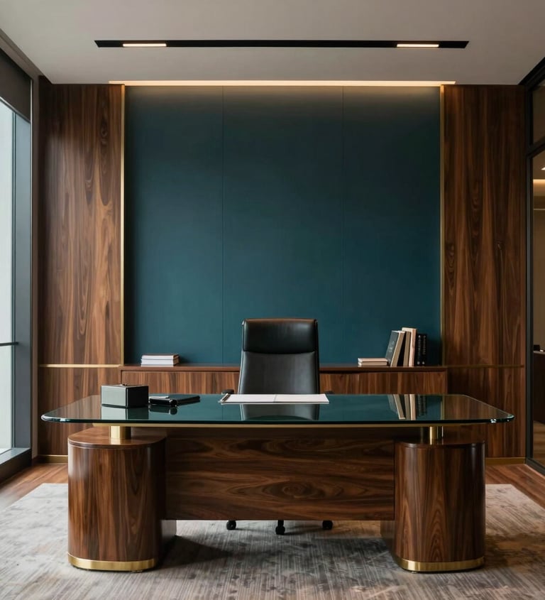 Real-world professional photography of a modern, sophisticated law office meeting room in São Paulo, Brazil. Glass desk, elegant lighting, and dark wood finishes. Muted gold and dark teal decor tones. Clean corporate backdrop.