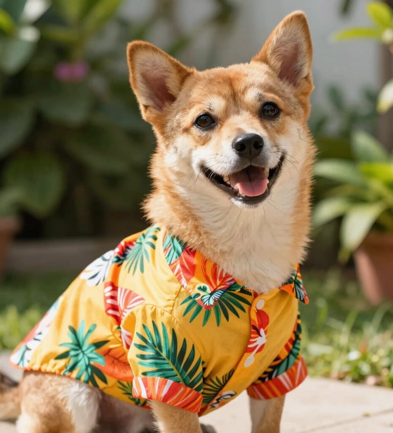 Un perro Shiba Inu, con una colorida camisa amarilla con estampado floral, sentado al aire libre