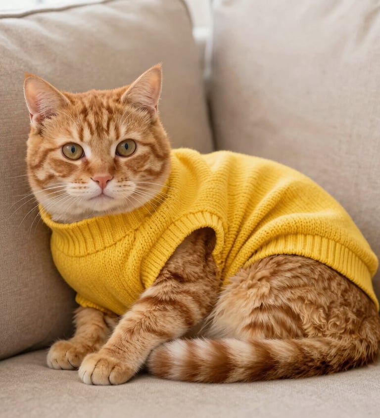 Un gato atigrado naranja con un cómodo suéter de punto amarillo sentado en un sofá beige.