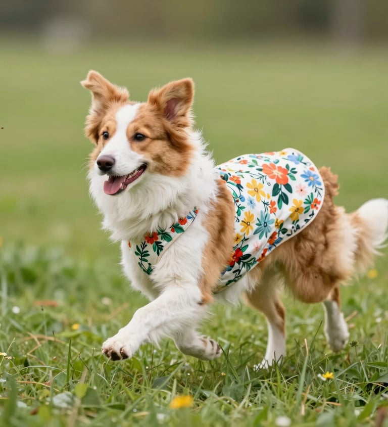 Un perro marrón y blanco, con un arnés y una camiseta, corre por un campo de hierba