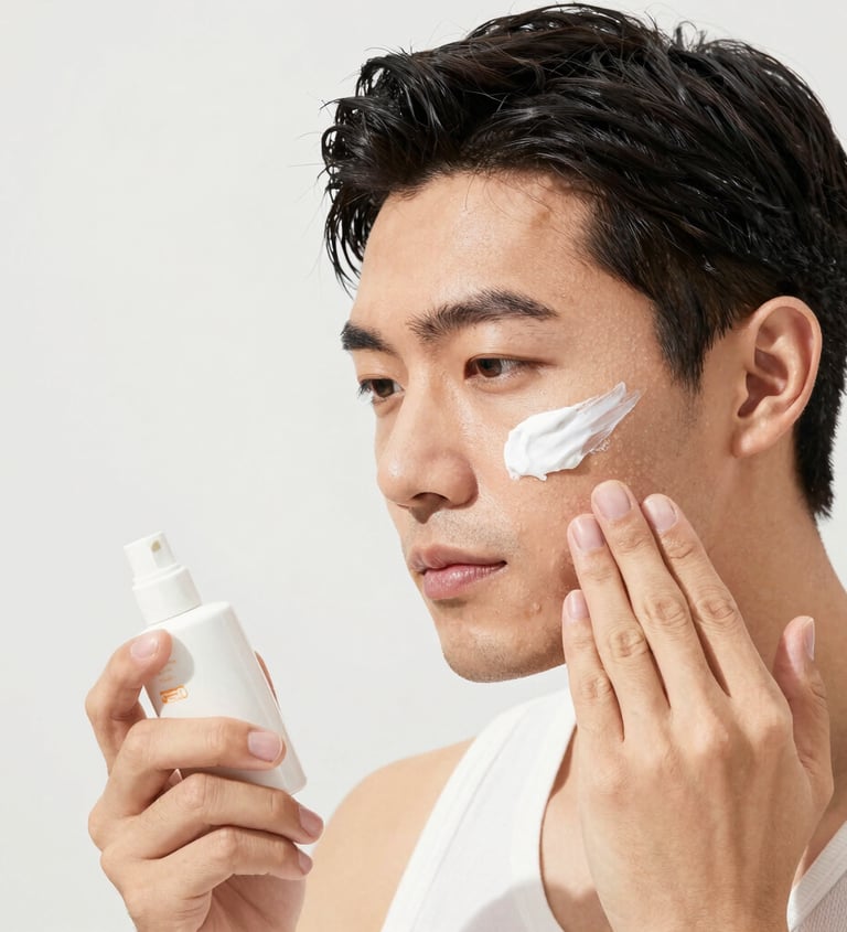 Un hombre se aplica una crema hidratante facial blanca como parte de su rutina diaria de skincare