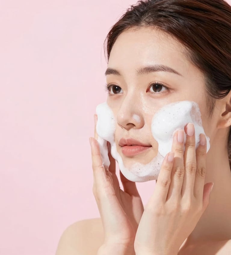 oven se aplica un limpiador facial espumoso blanco en las mejillas como parte de una rutina suave de