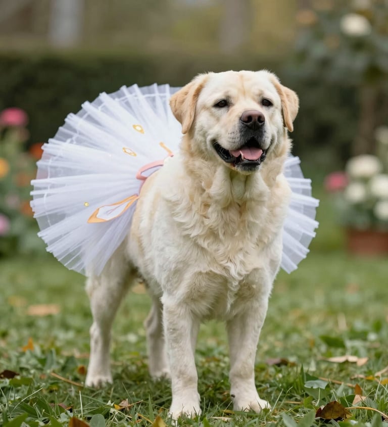 Un perro Labrador Retriever de color crema con un tutú de bailarina blanco está de pie en un jardín