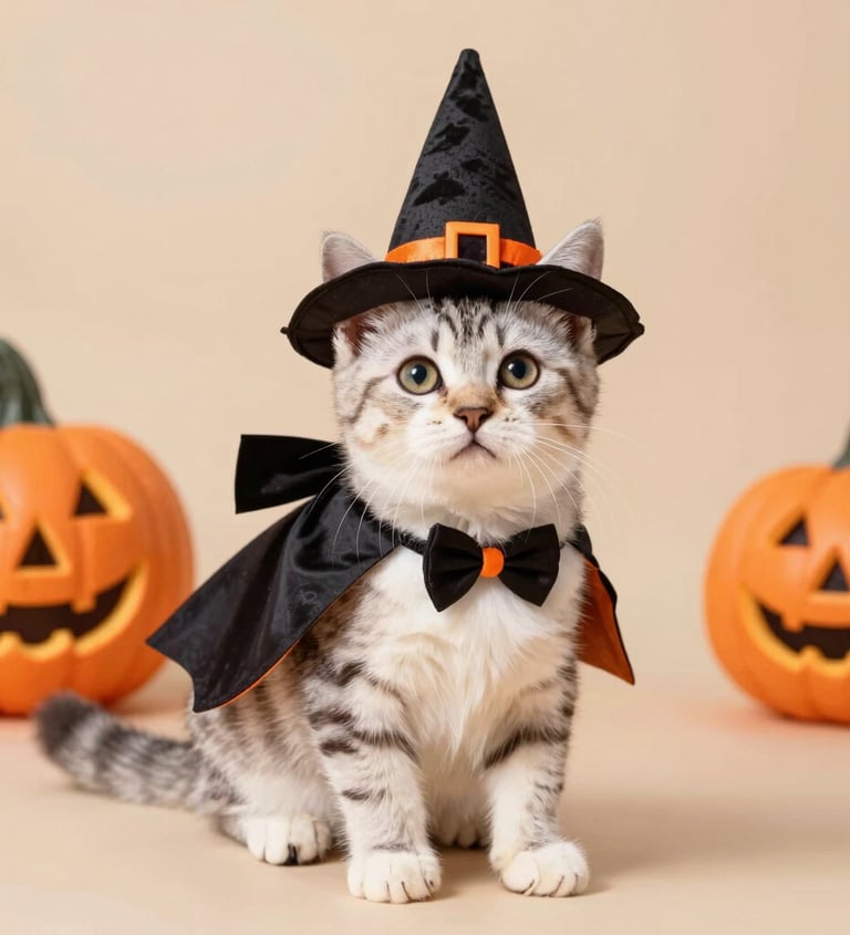 Un adorable gatito atigrado con un sombrero de bruja negro y una capa para Halloween, con calabazas