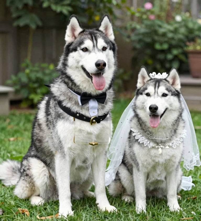 Dos huskies siberianos vestidos de novios en un jardín para una boda de mascotas.