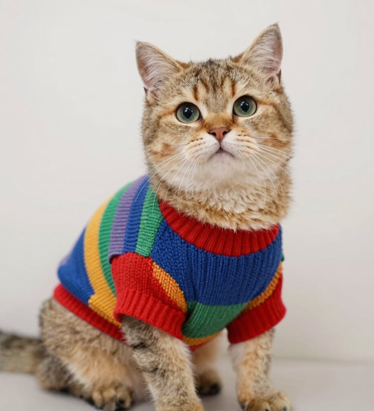 Un gato atigrado esponjoso sentado y llevando un suéter tejido a rayas de colores del arcoíris.