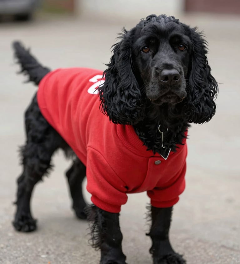 Un Cocker Spaniel negro de orejas rizadas que lleva un suéter rojo para perros.