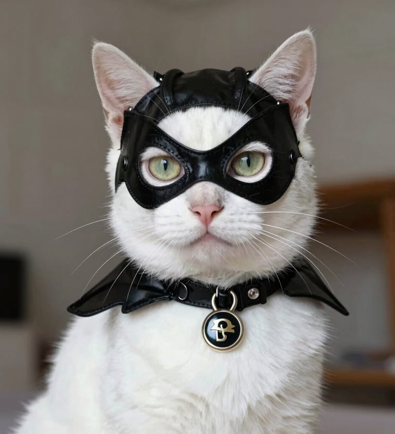 Gato blanco con máscara y capa de superhéroe negras, como un disfraz creativo para mascotas.