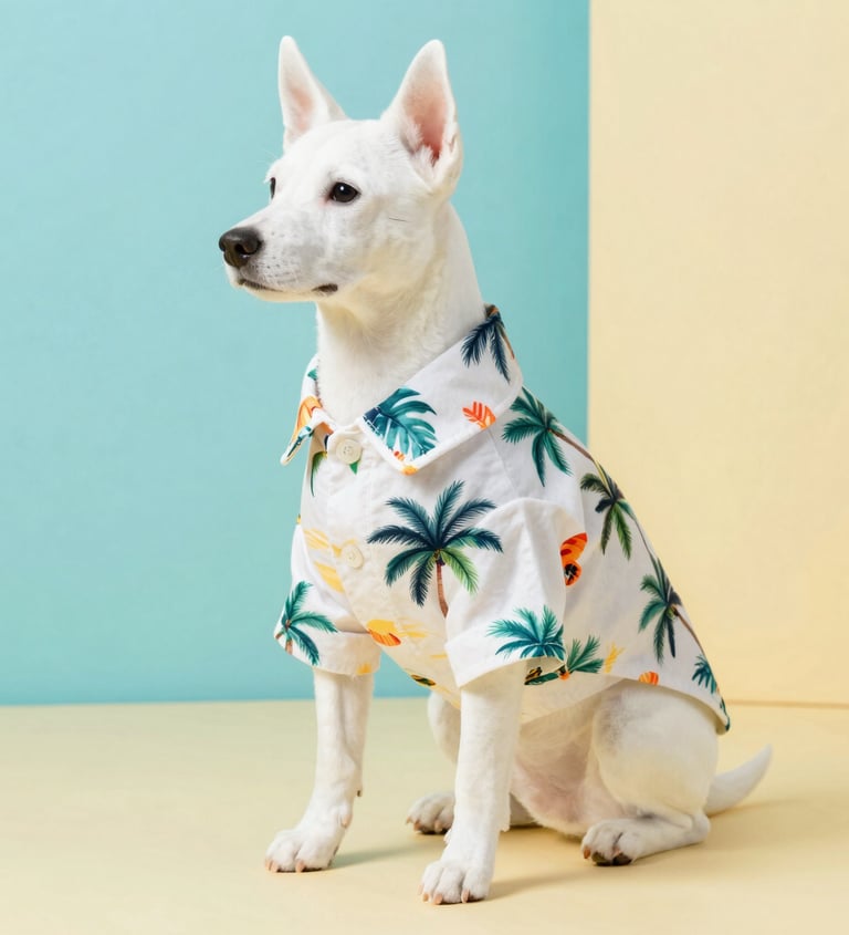 Un perrito blanco con una camisa hawaiana estampada con palmeras tropicales sobre un fondo pastel.