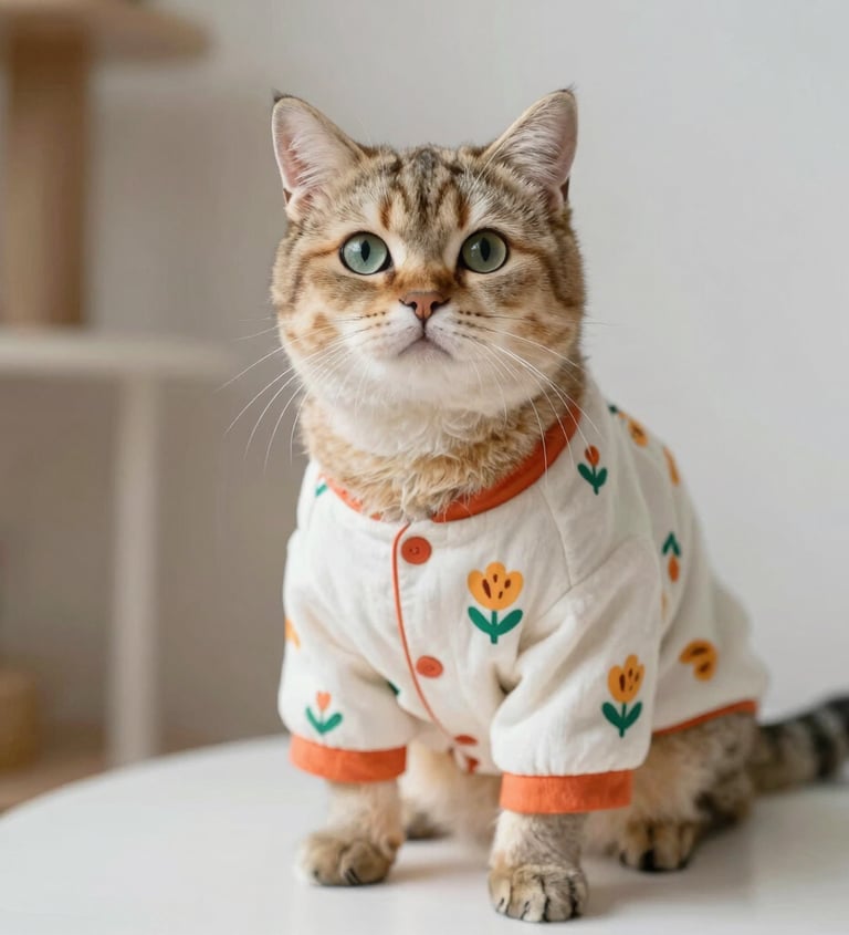 Un adorable gato atigrado con una camisa blanca de flores con ribetes naranjas está sentado 