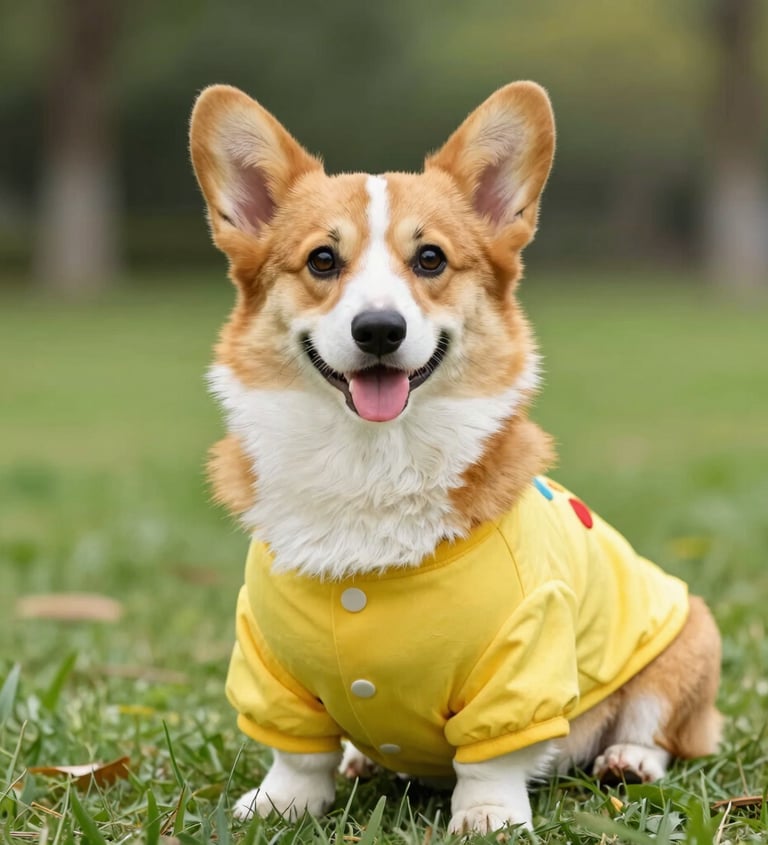 Un Pembroke Welsh Corgi sonriente, con un impermeable amarillo, sentado sobre la hierba verde 