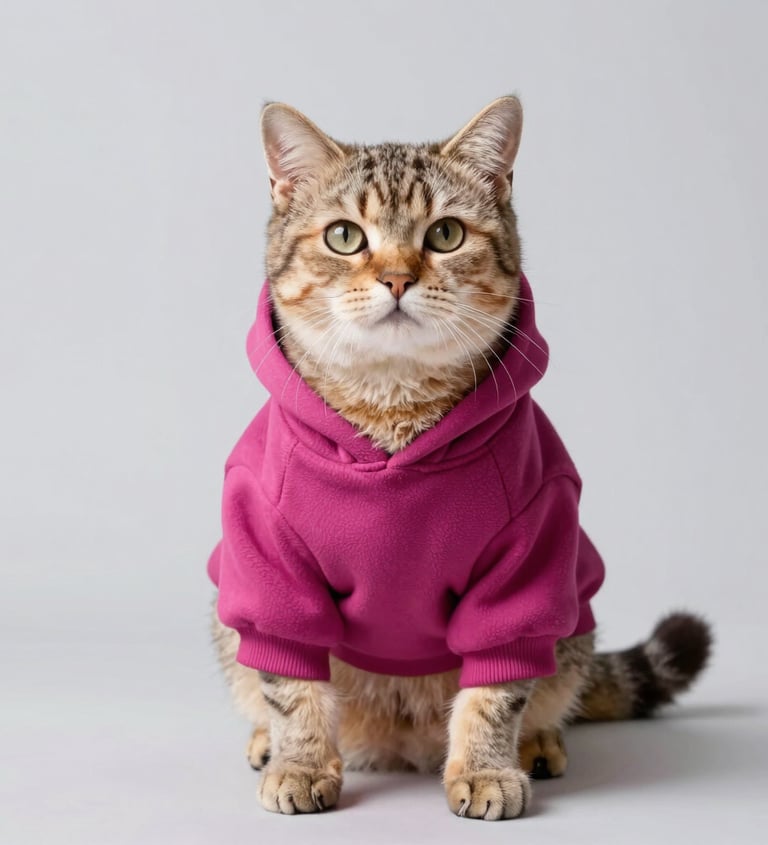 Adorable gato atigrado con una acogedora sudadera rosa de forro polar sentado