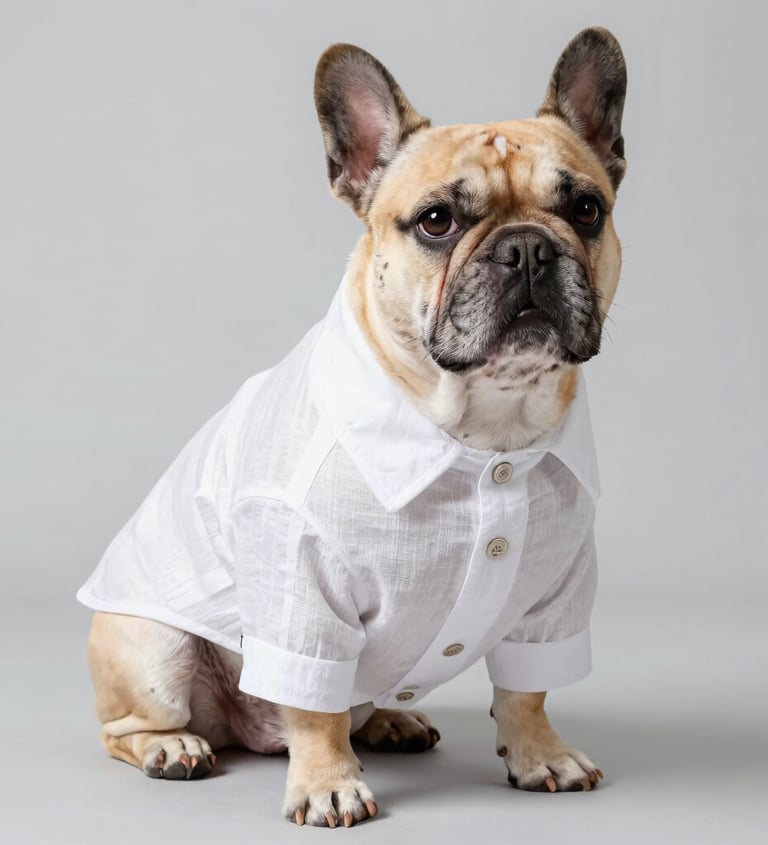 Un adorable bulldog francés color beige con una elegante camisa blanca de lino abotonada 