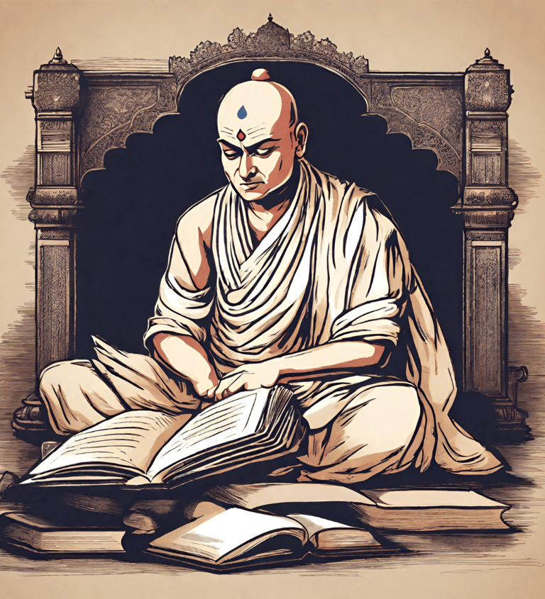 Vector graphic of ancient indian polymath Chanakya, studying ancient scripts and texts