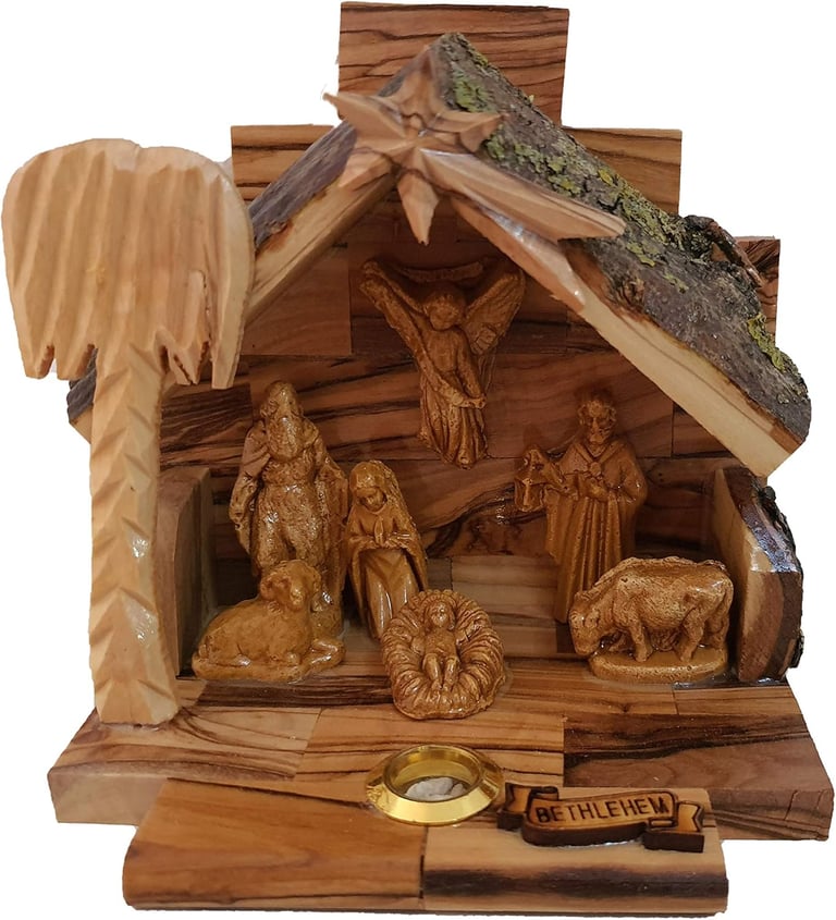 Carved from Bethlehem Olive Wood Christmas Nativity Story Set with Stable (Alabaster Set)