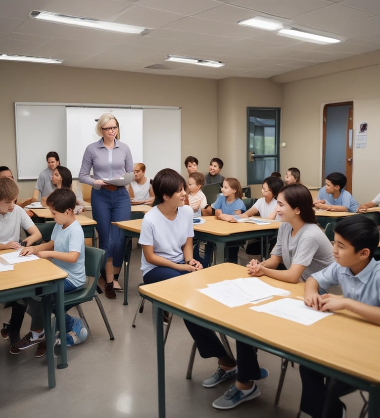A conference room set up for a presentation or workshop with red chairs arranged around tables. Each table contains glasses, notepads, and black bags with logos. A projector screen at the front displays a title. Banners with graphics and text are positioned on either side of the room. A plant adds greenery to the setting.