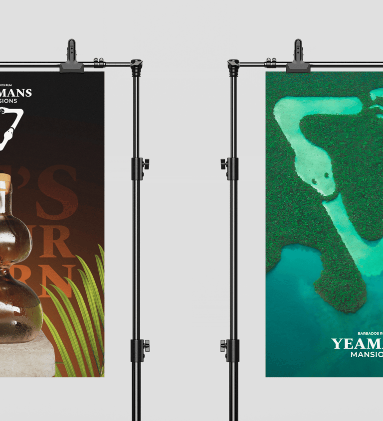 Affiche marque de rhum, bouteille de rhum et logo.