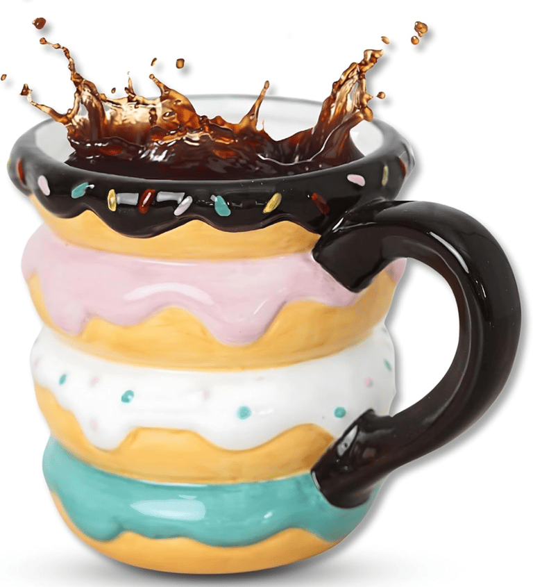 Hand-painted ceramic donut mug in stacked doughnut shape, unique coffee cup gift for women and kids.