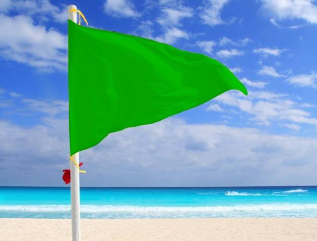a green flag on a beach with a blue sky and clouds