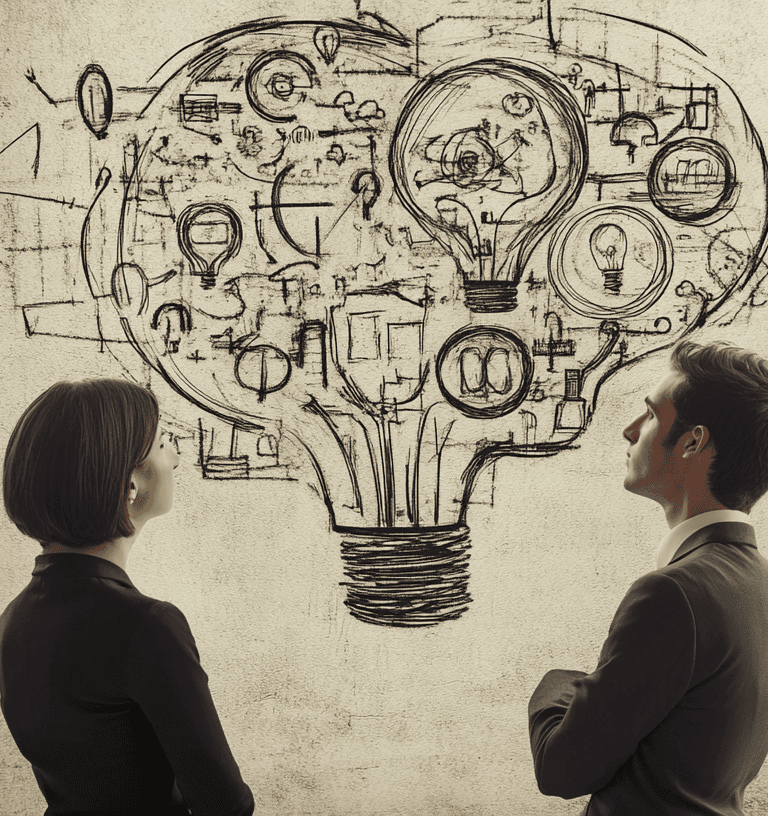 a man and woman looking at a drawing of a light bulb bulb