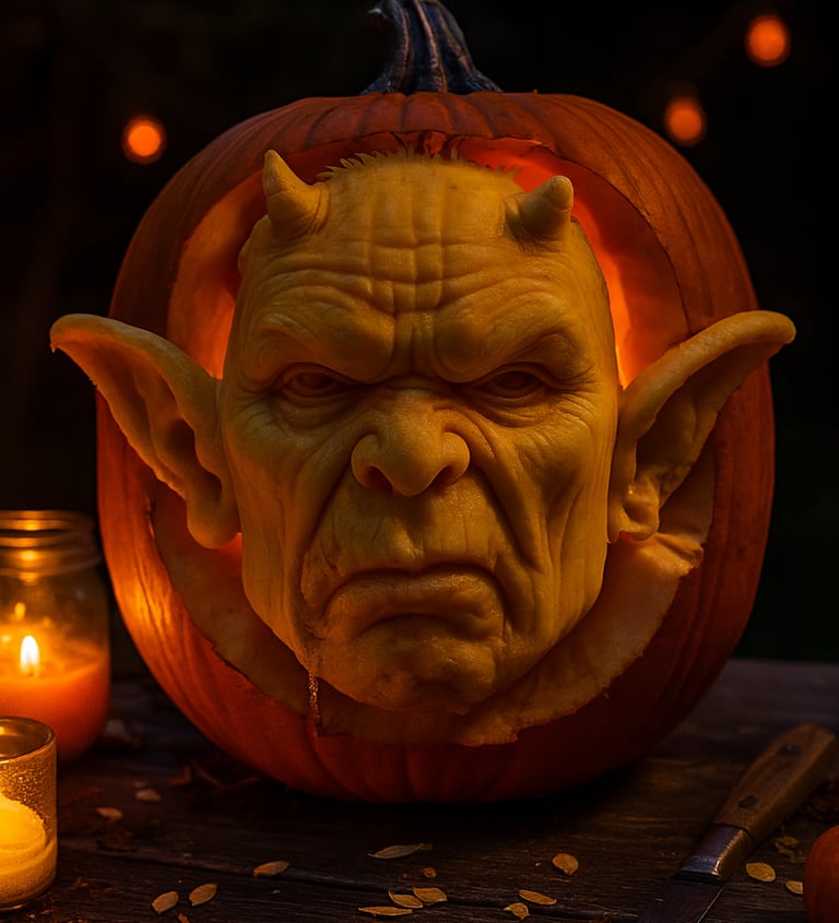 A highly detailed 3D carved pumpkin featuring a demon-like face with horns and pointed ears, lit by