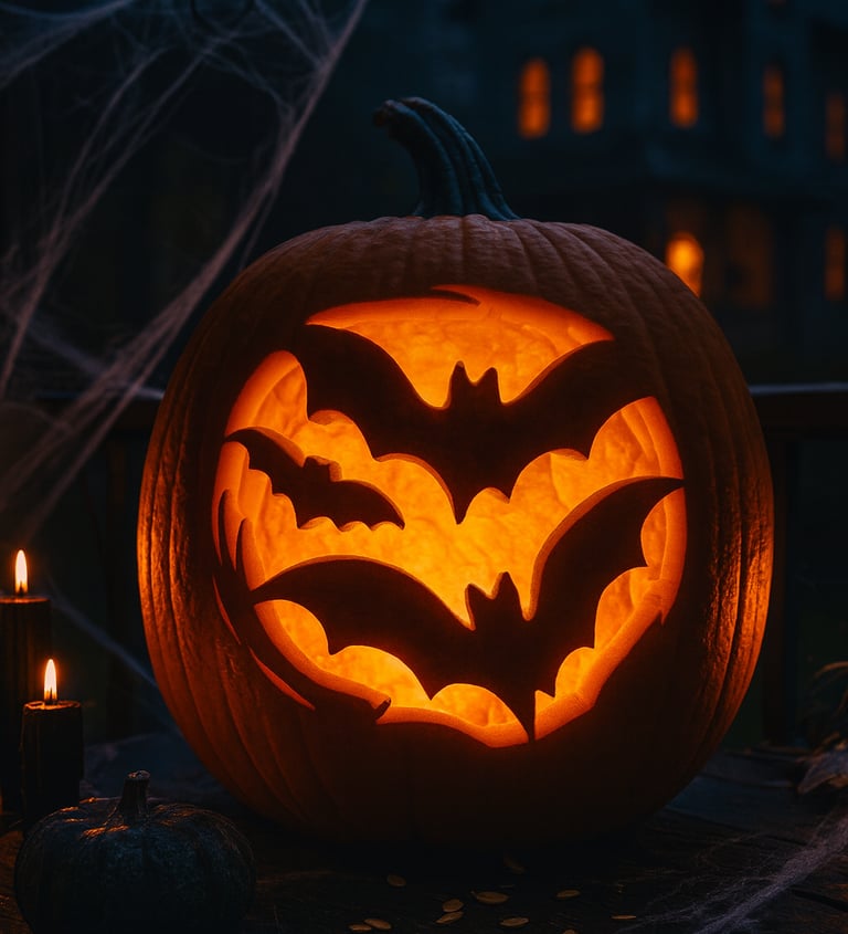 A glowing carved pumpkin featuring multiple flying bat silhouettes, placed on a wooden table with sp