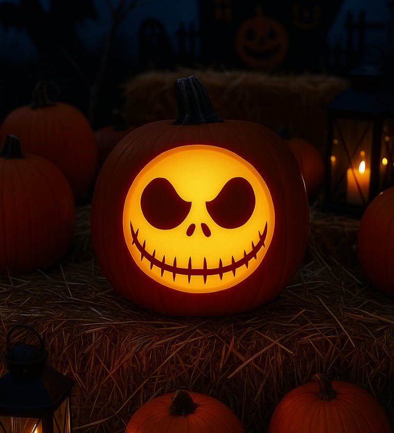 A carved pumpkin glowing with the iconic Jack Skellington face from “The Nightmare Before Christmas,