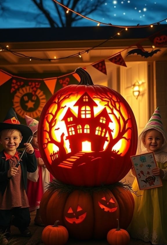 A large carved pumpkin displaying a haunted house design, glowing brightly with children in costumes
