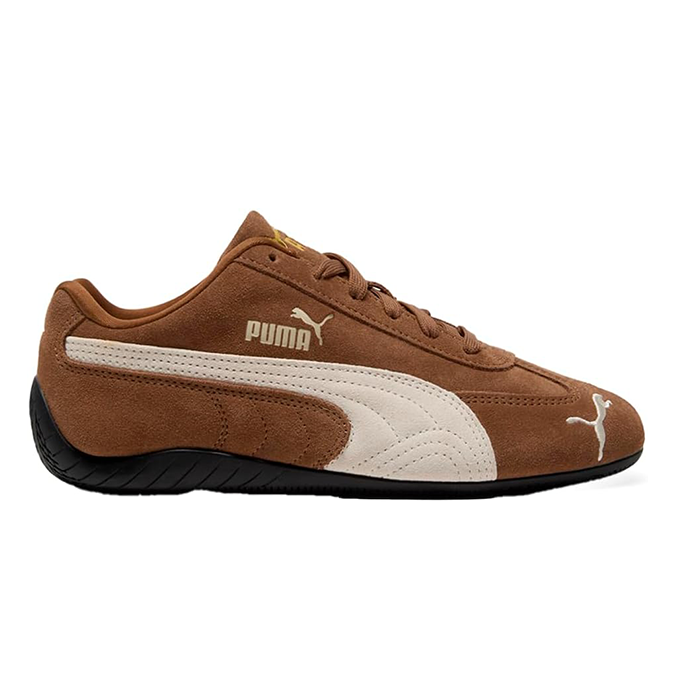Brown Puma Speedcat suede sneaker with cream stripe, slim and stylish for minimalist fall outfits.