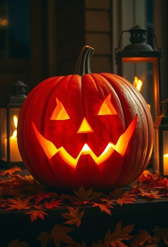 A traditional jack-o’-lantern with a glowing spooky face, triangular eyes, and sharp smile, surround