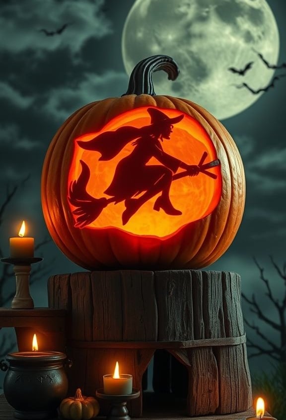A carved pumpkin with the silhouette of a witch flying on a broomstick against a glowing full moon b