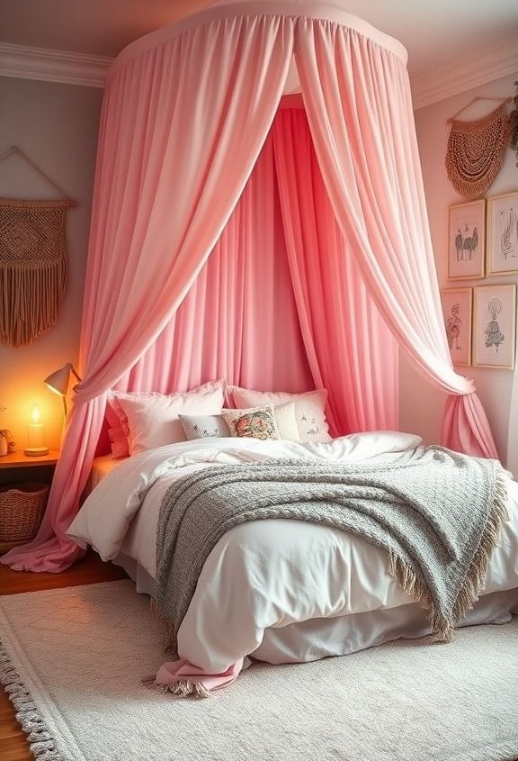 Children’s bedroom featuring a tall pink canopy bed with blush bedding, tassel pillows, and layered 