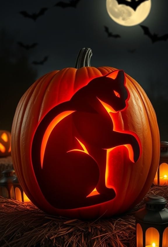 A glowing jack-o’-lantern carved with a silhouette of a sitting black cat, surrounded by lanterns an