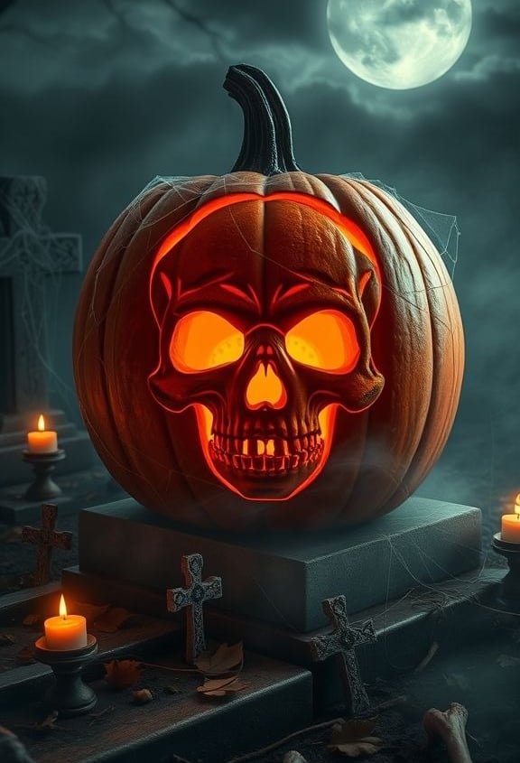 A detailed carved pumpkin featuring a glowing skull design, placed in a cemetery setting with tombst